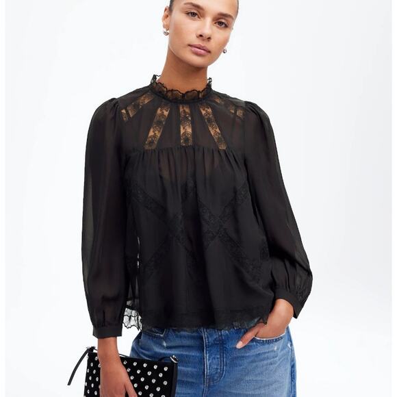 Madewell Tops - Madewell Lace Inset Mock Neck Long Sleeve Top XL Silk Cami Sheer Goth Whimsy NWT